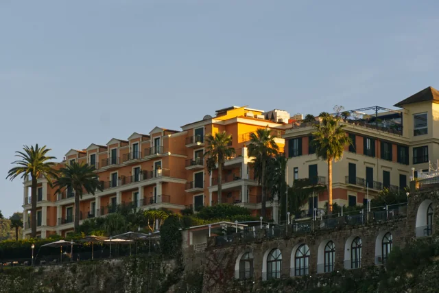 Mediterranean hospitality architecture in warm evening light