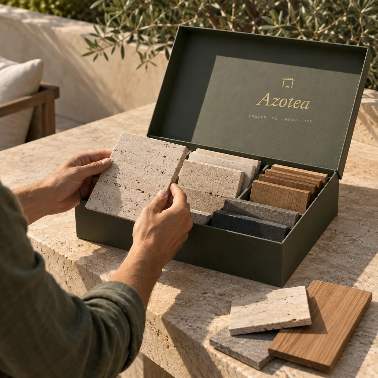 Sample box: travertine, iroko, linen