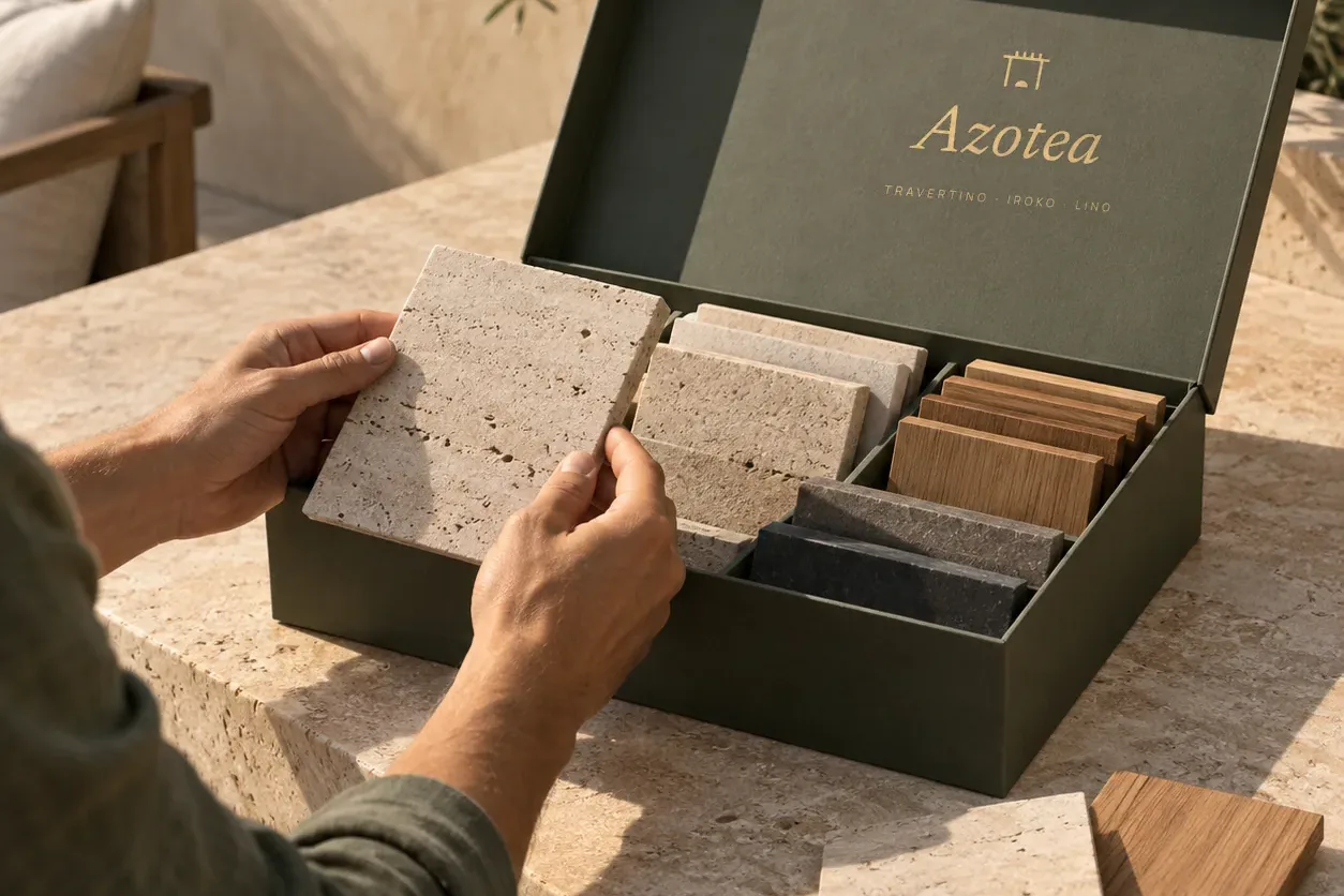 Hands taking a travertine sample from an open box of stone and wood samples