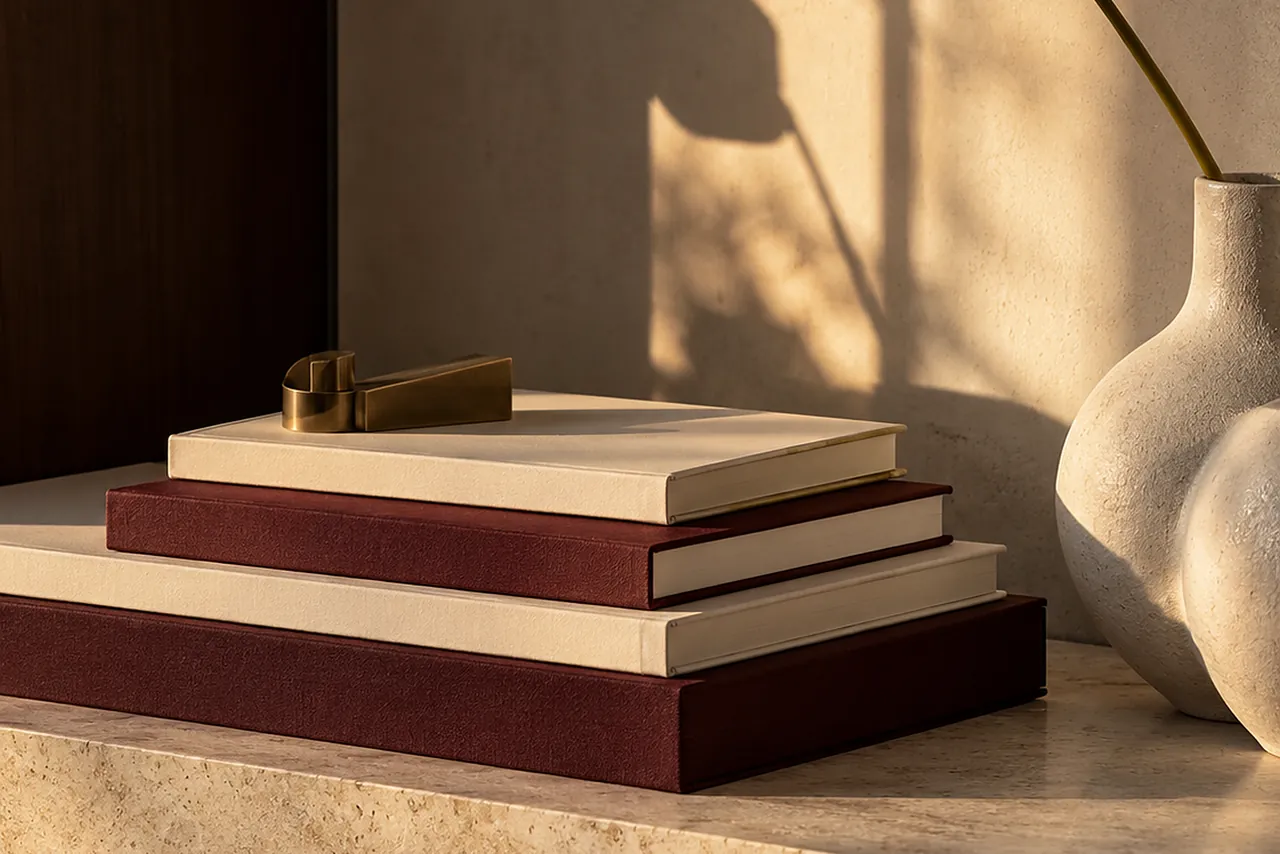 Cloth-bound books in ivory and oxblood with a brass object and an anthurium on a stone shelf