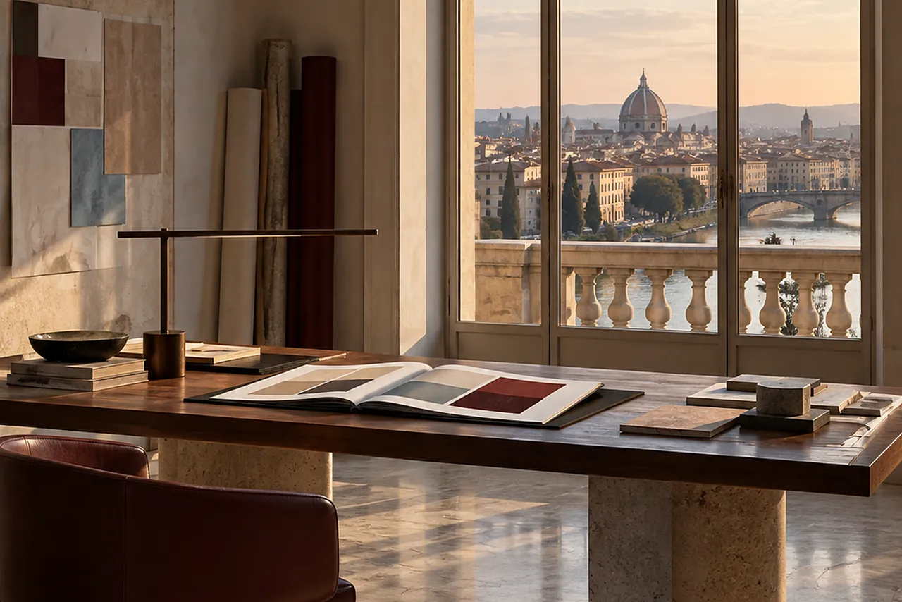A studio desk with an open palette book and material samples, an arched window onto a historic city at dusk