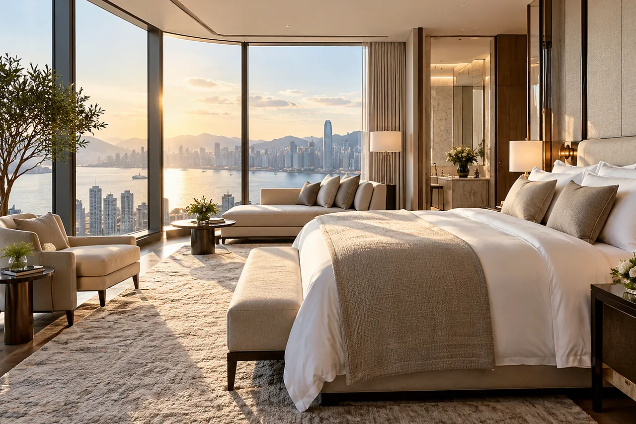 A hotel suite with a wide bed and a lounge by floor-to-ceiling windows over a harbour city at sunset
