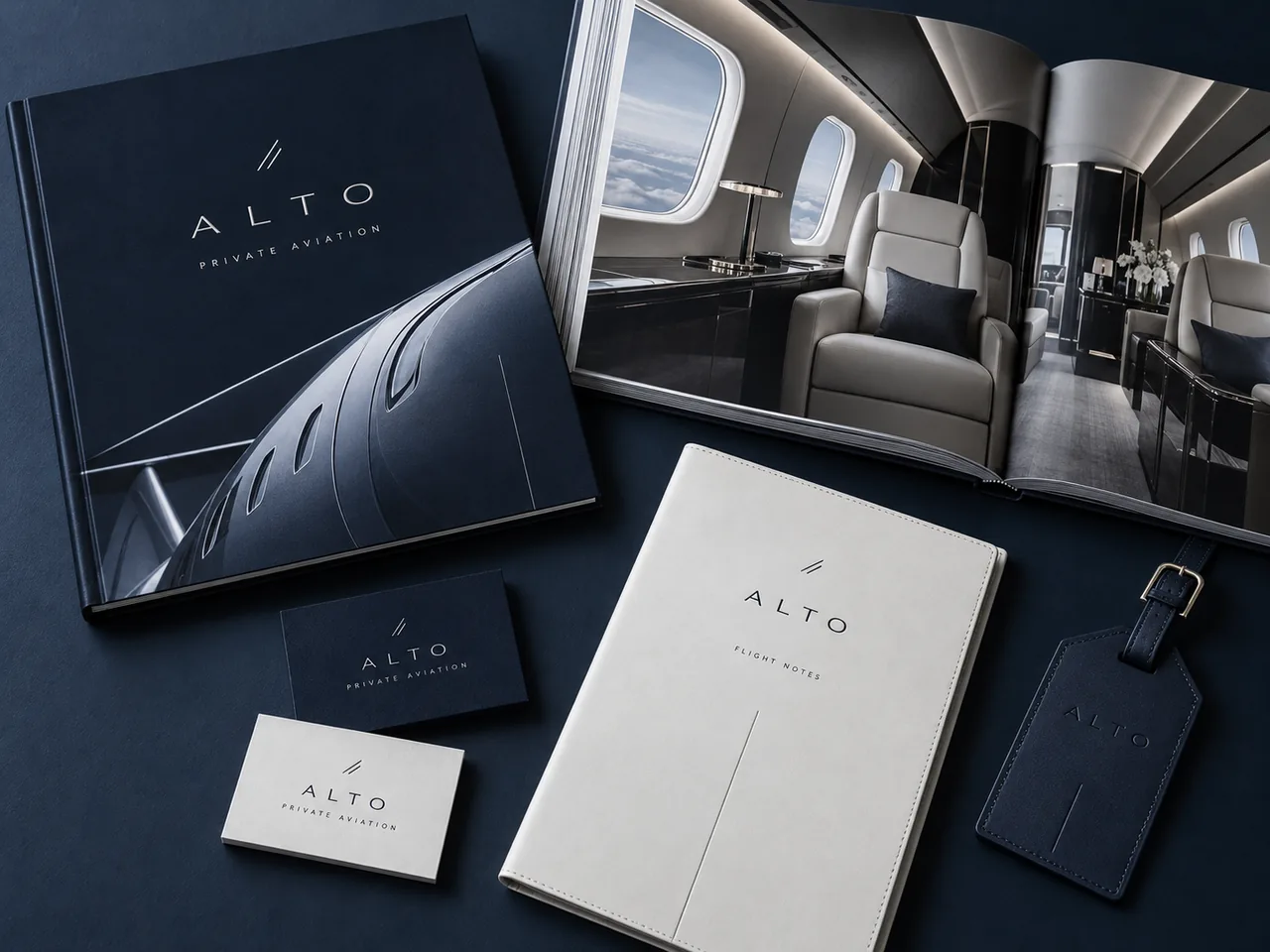 ALTO studio concept: a navy hardback book, business cards, a notebook and a leather luggage tag for a private aviation brand