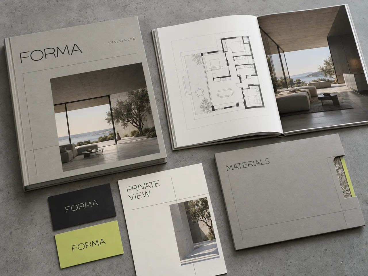 FORMA studio concept: a grey linen sales book with floor plans, a private view invitation, a materials folder and business cards