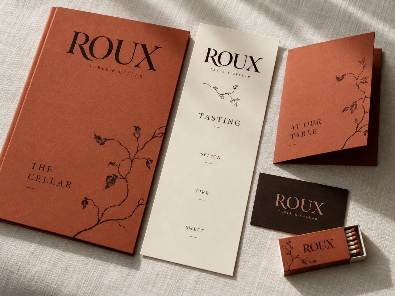 ROUX studio concept: a terracotta cellar book, a tasting menu, a table card, business cards and a matchbox with a hand-drawn vine