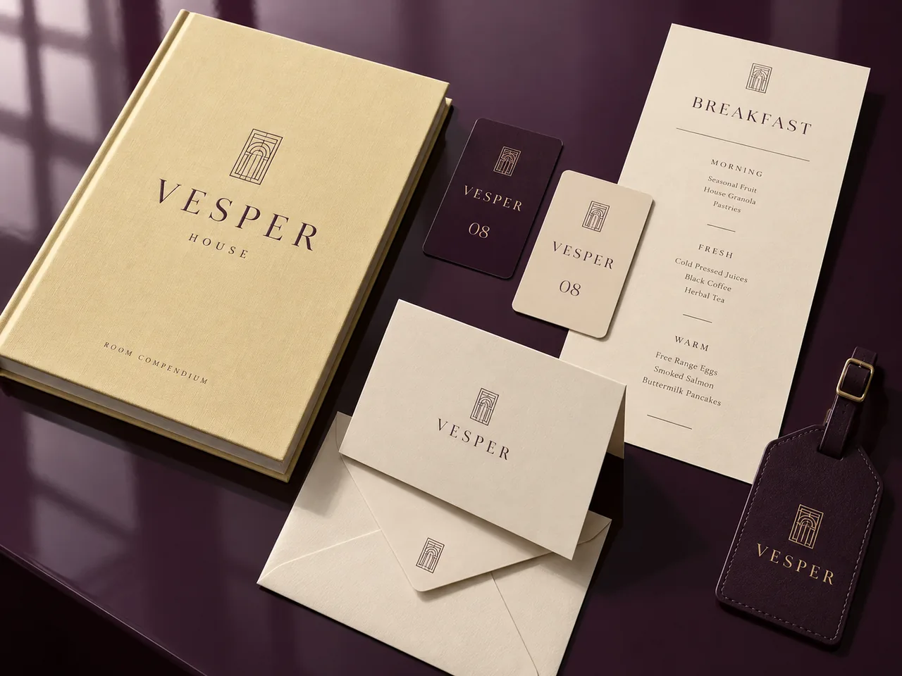 VESPER House: a linen-bound room compendium, key cards, breakfast menu, correspondence card and luggage tag
