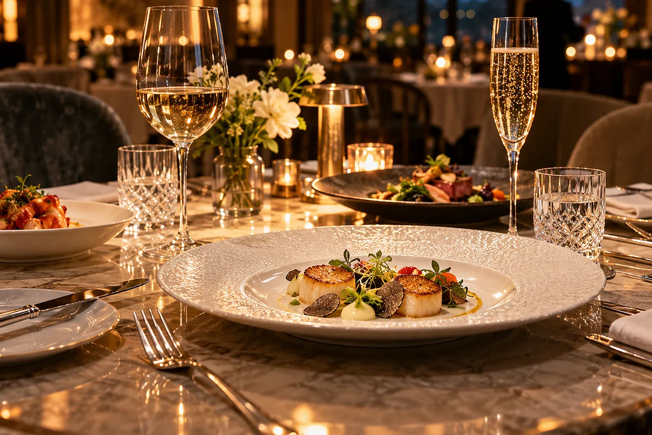 A restaurant table at night with scallops and truffle, white wine and champagne in candlelight