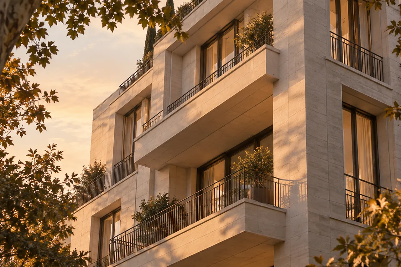 A travertine apartment building with deep balconies and planted terraces, framed by plane trees in evening light
