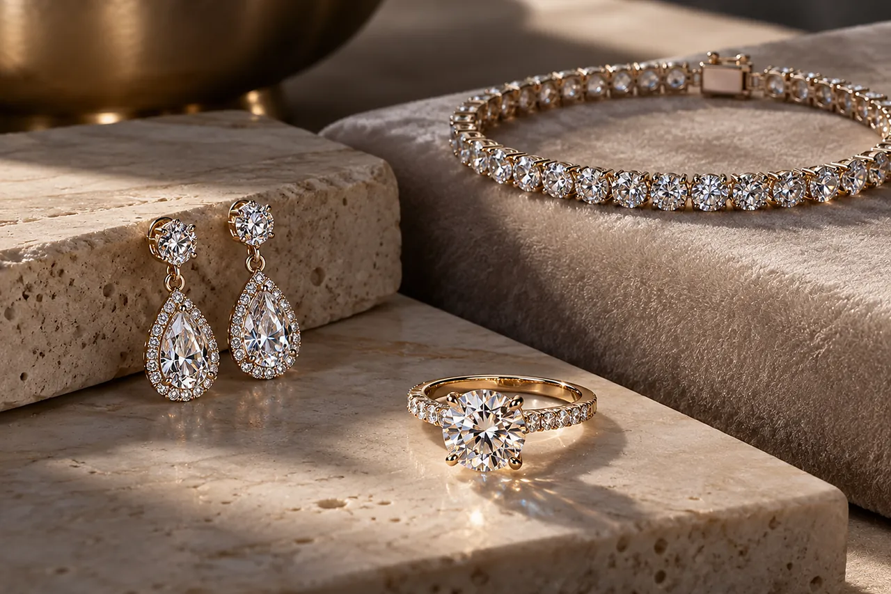 Diamond drop earrings, a solitaire ring and a tennis bracelet on travertine and velvet in raking light
