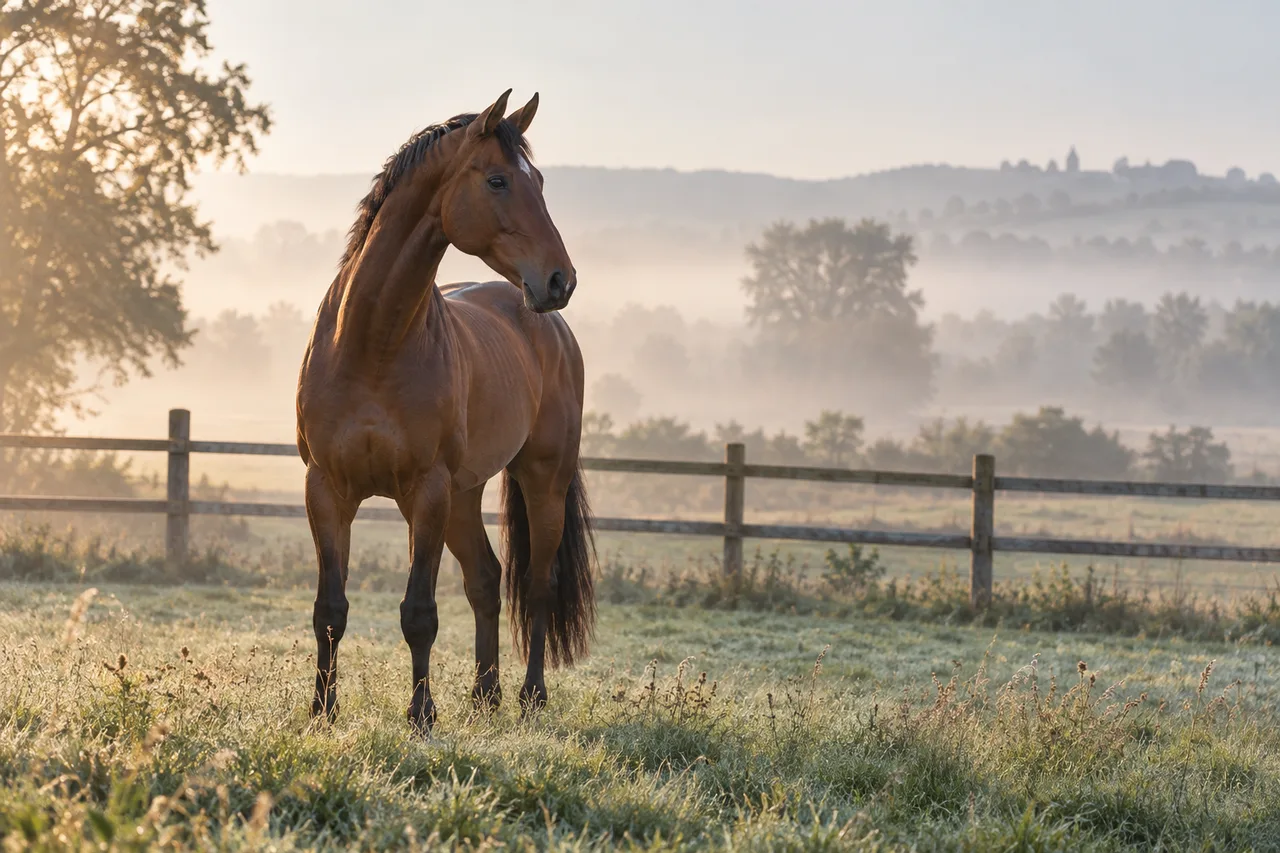 A bay horse standing in a misty paddock at sunrise