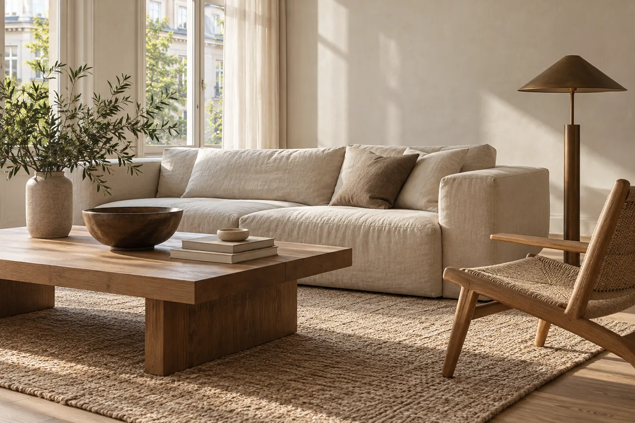 A calm living room with a linen sofa, an oak table, a woven rug and a rush-seat chair in morning light