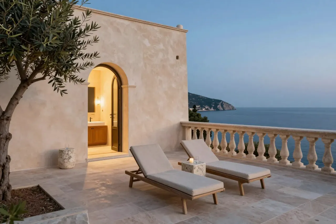 A limestone hotel terrace with sun loungers above the sea at blue hour