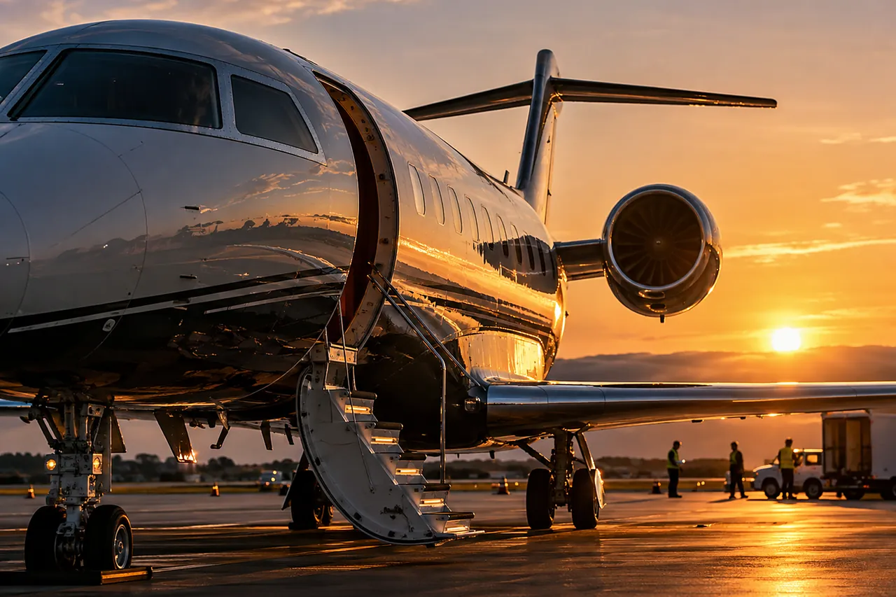 A private jet with its airstair lowered on the apron at sunset, ground crew in the distance