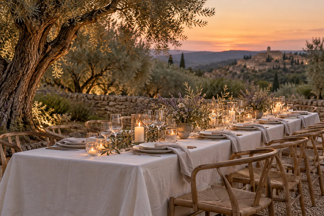 A long table laid with white linen and candles under olive trees in the Luberon at dusk
