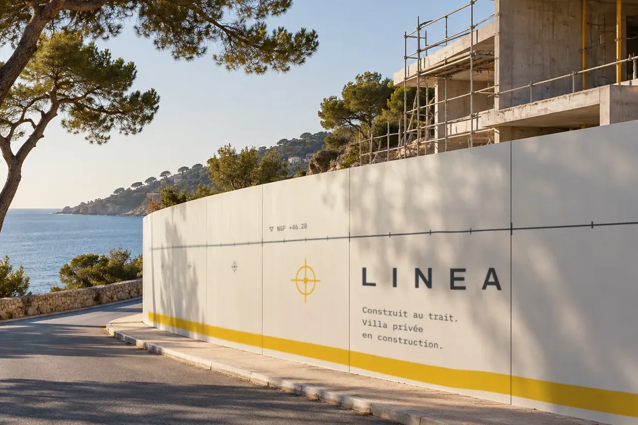 A white site hoarding with the LINEA mark and a yellow line along a coastal road by the sea