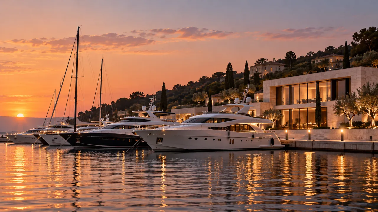 Yachts moored in front of a stone villa and olive trees at sunset