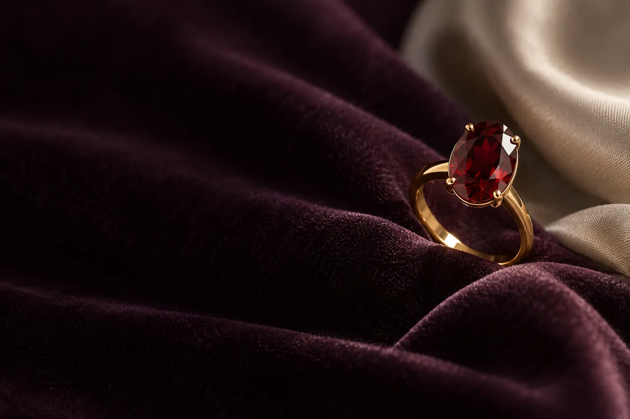 A gold ring with a deep red oval stone resting on plum velvet