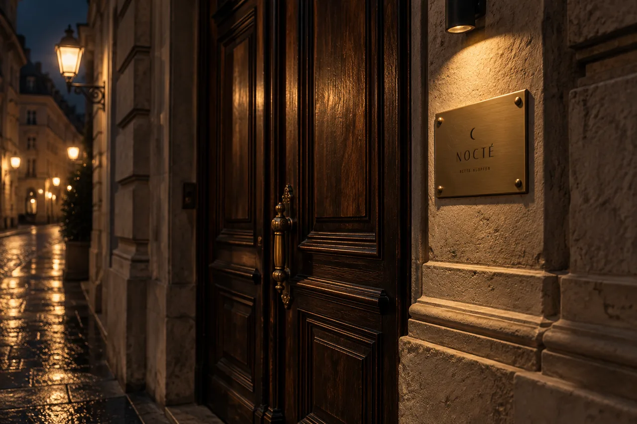 The door, and its brass plate