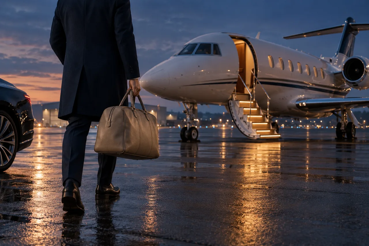 A passenger with a leather bag crossing a wet apron at dusk towards a private jet with its steps down