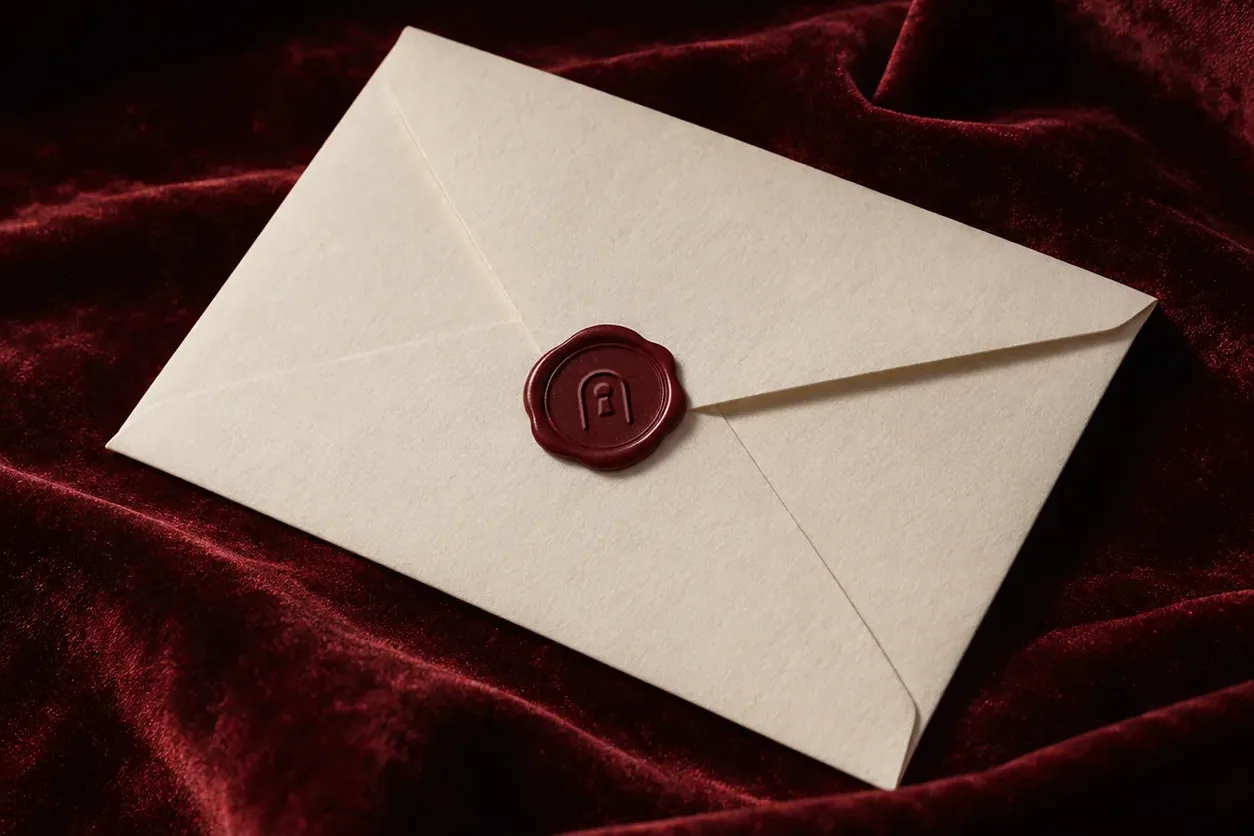 A cream envelope sealed with burgundy wax on dark red velvet