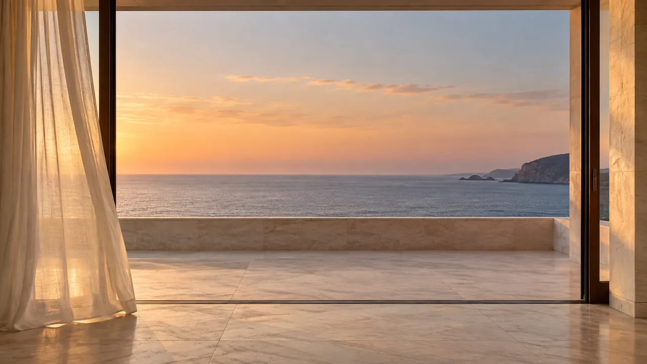A wide opening onto a stone terrace above the sea at sunset, a linen curtain moving in the breeze