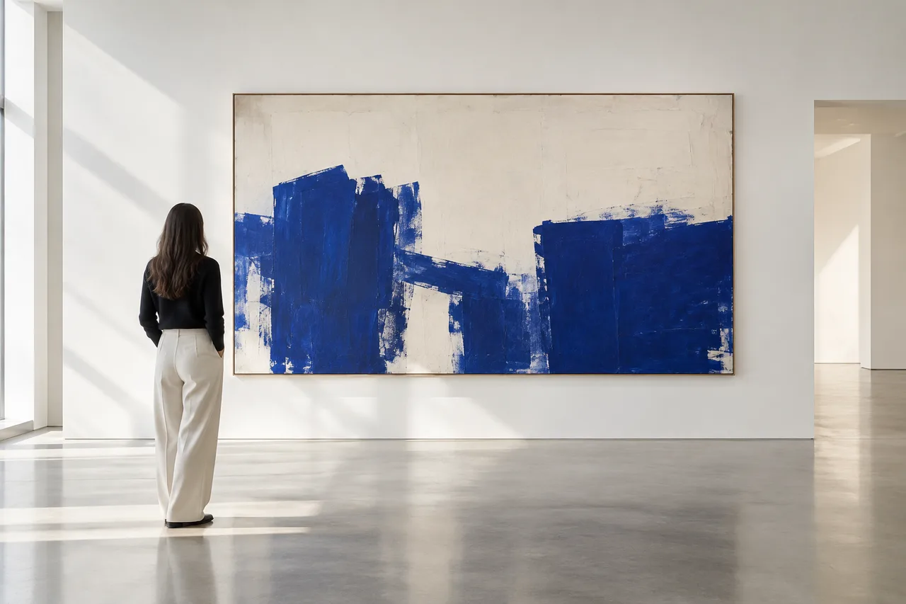 A woman in a white gallery looking at a large abstract painting in cobalt blue