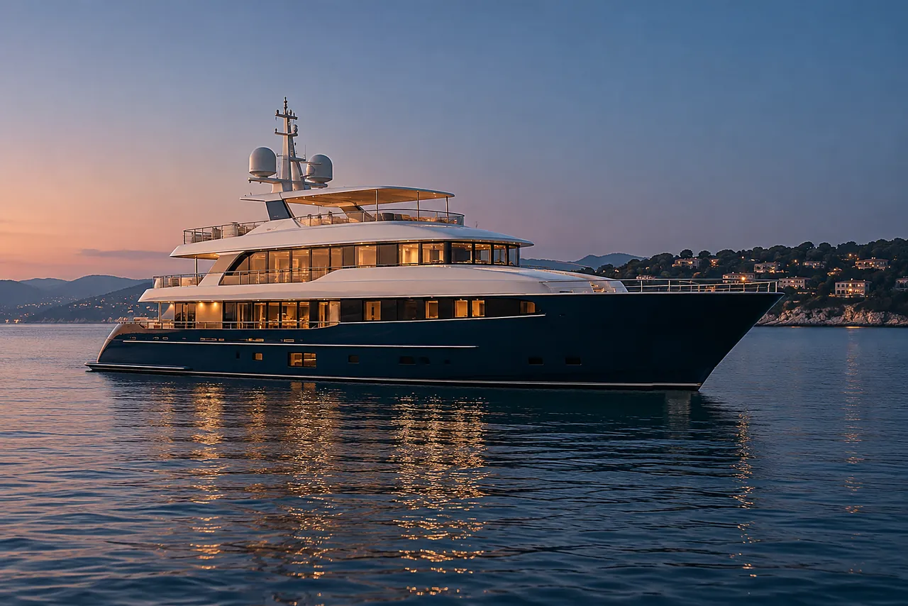 A dark-hulled motor yacht at anchor off the Riviera at dusk, its decks lit
