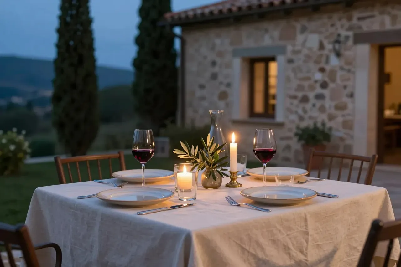 A table laid for dinner outside a stone house at dusk, with candles and cypress trees