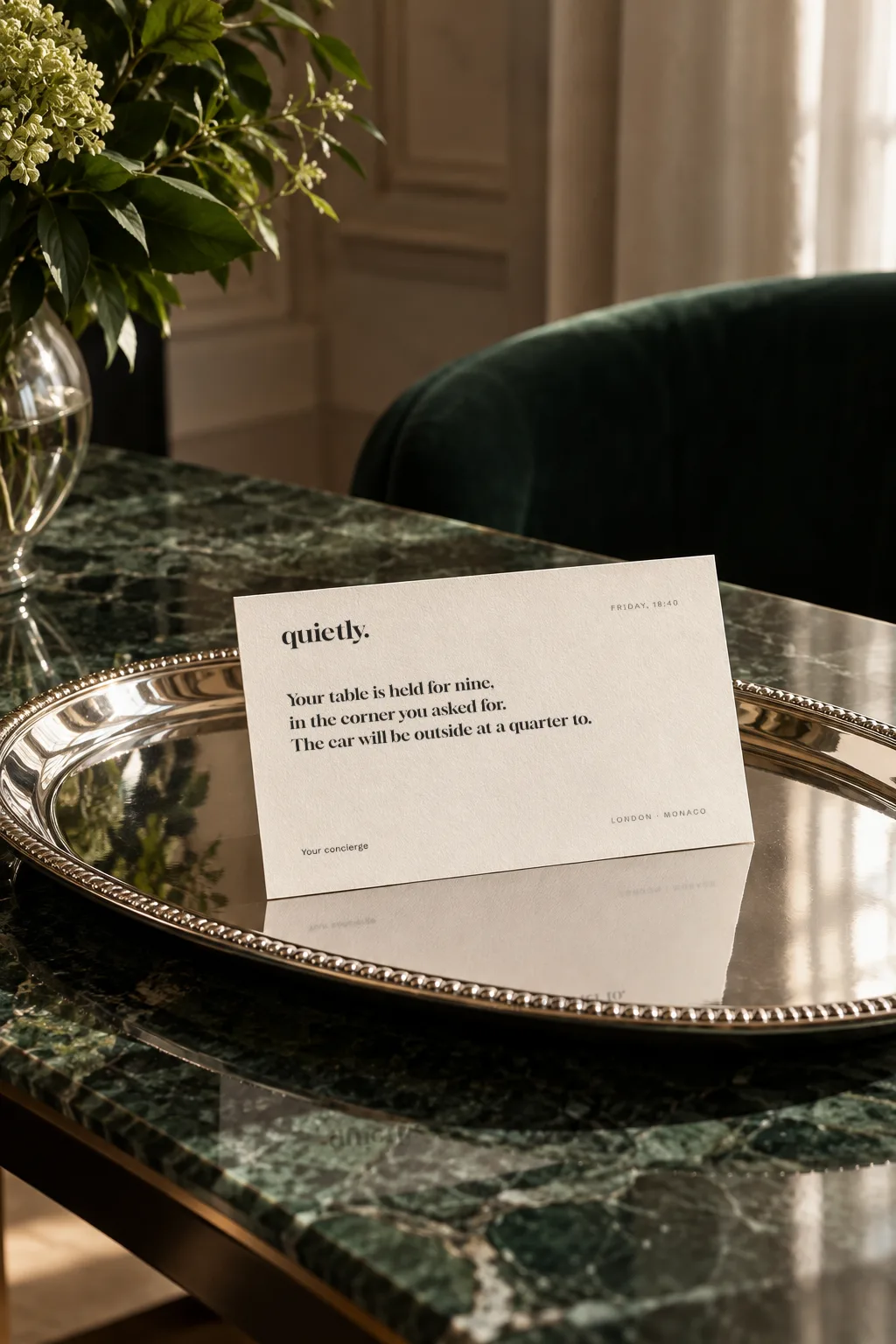 Request card, left on a silver tray
