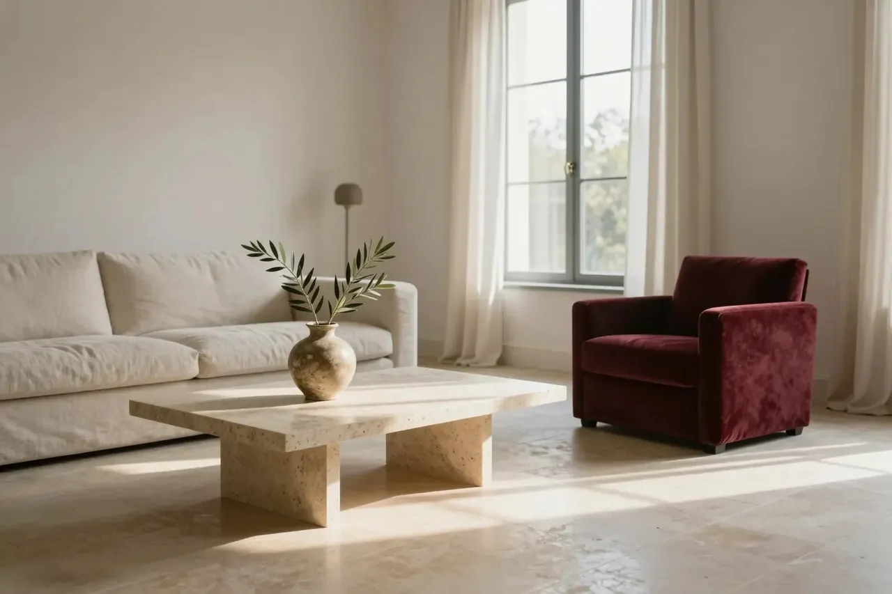 A calm living room with ivory sofas, an oxblood armchair and tall windows