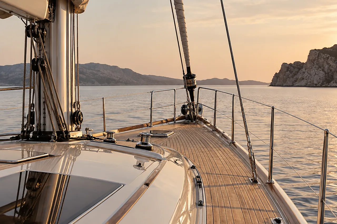The teak deck of a sailing yacht at sunset, looking forward past the mast towards a rocky coast