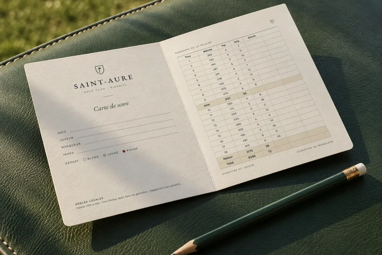 An open scorecard with the club crest beside a pencil on green leather