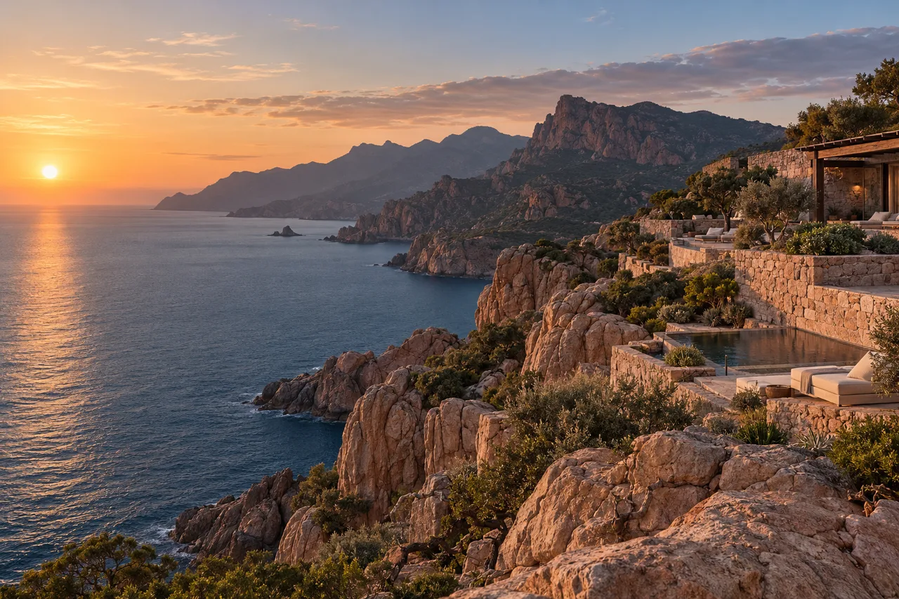 Stone terraces and a pool on a Corsican cliff above the sea at sunset