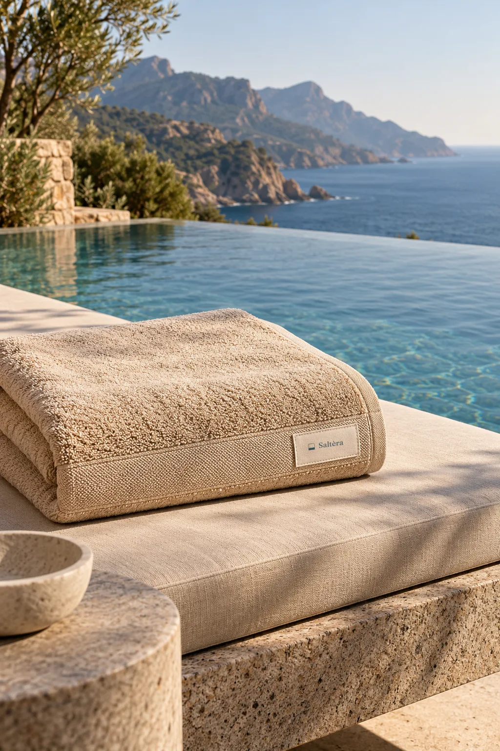 Pool towel with a woven label