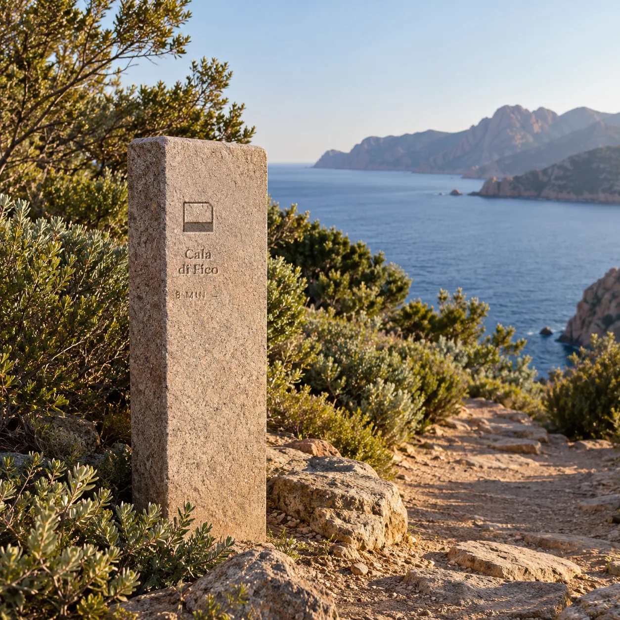 Cliff-path sign cut in local stone
