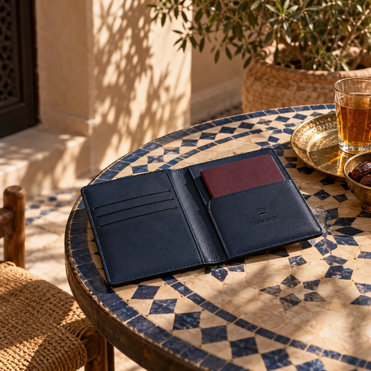 Travel wallet, indigo leather, blind-debossed