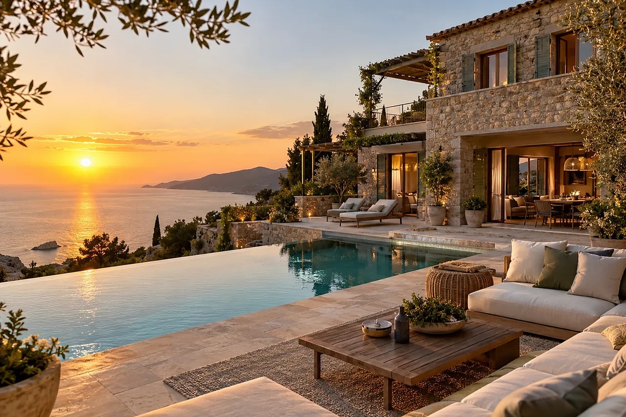 A stone villa with an infinity pool and an outdoor lounge above the sea at sunset