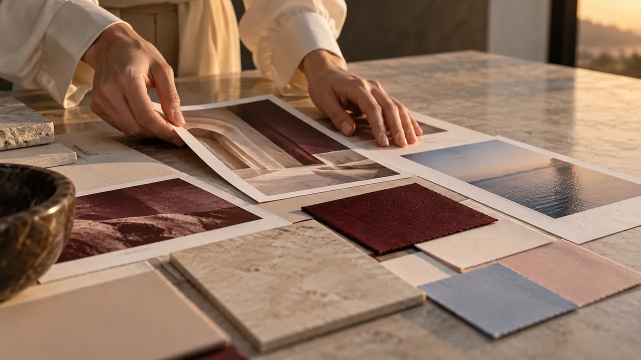 Hands arranging photographs with stone and fabric samples in oxblood, ivory, powder pink and blue