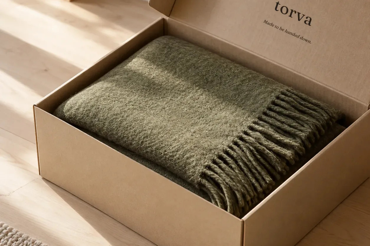 An open cardboard box holding a folded moss-green wool throw