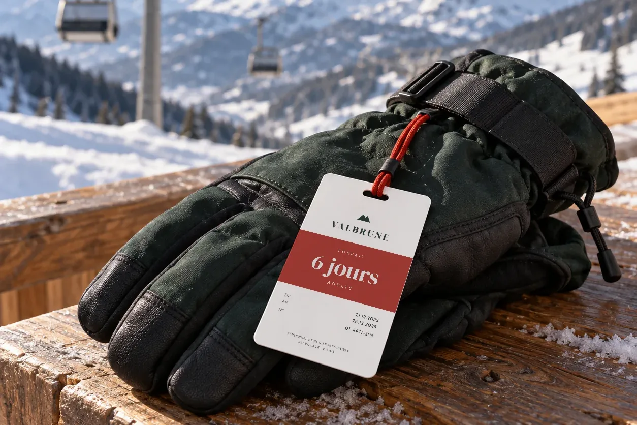 A red and white lift pass clipped to a ski glove on a snowy terrace