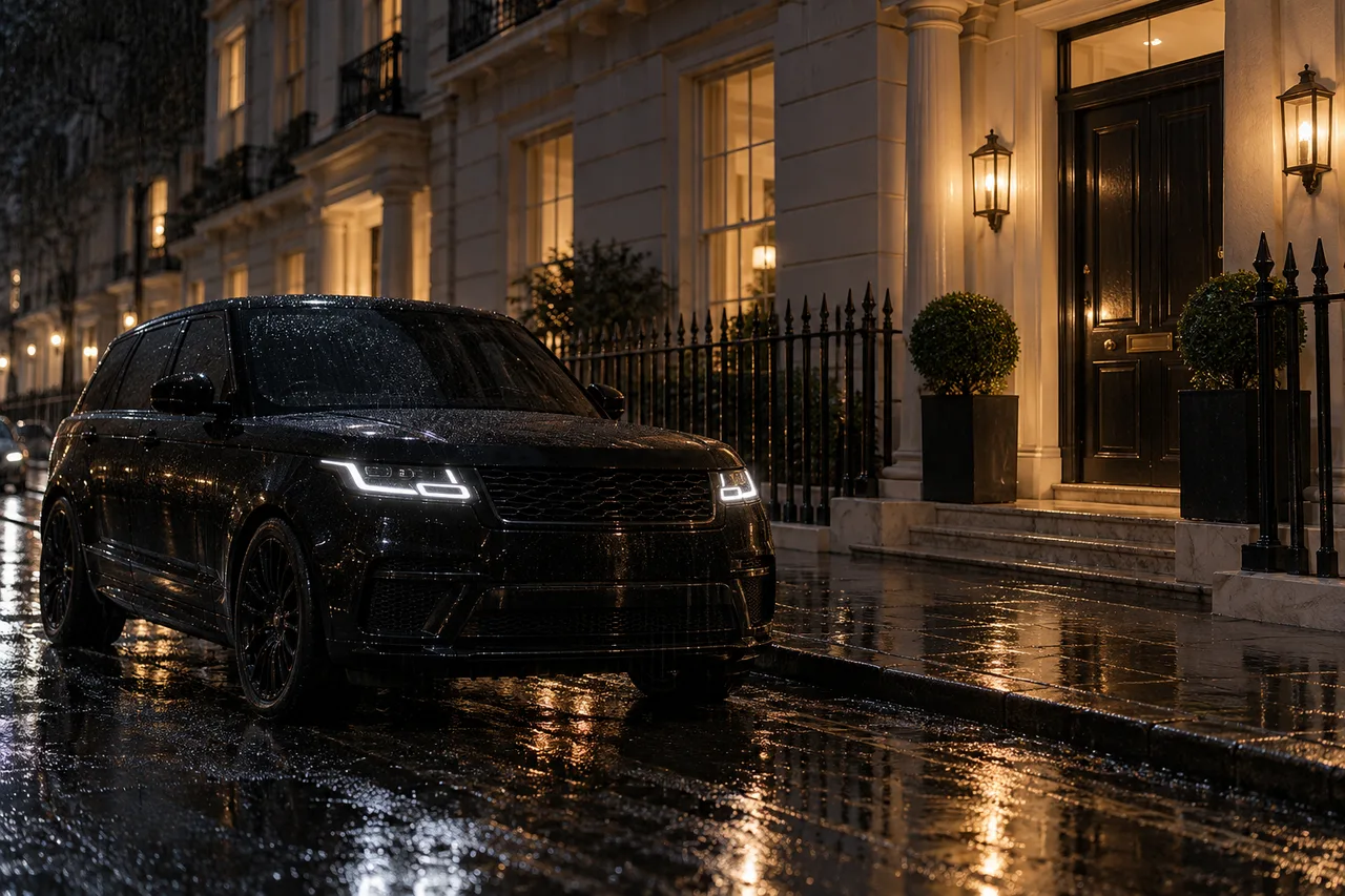 A dark car on a wet street at night outside a lit townhouse