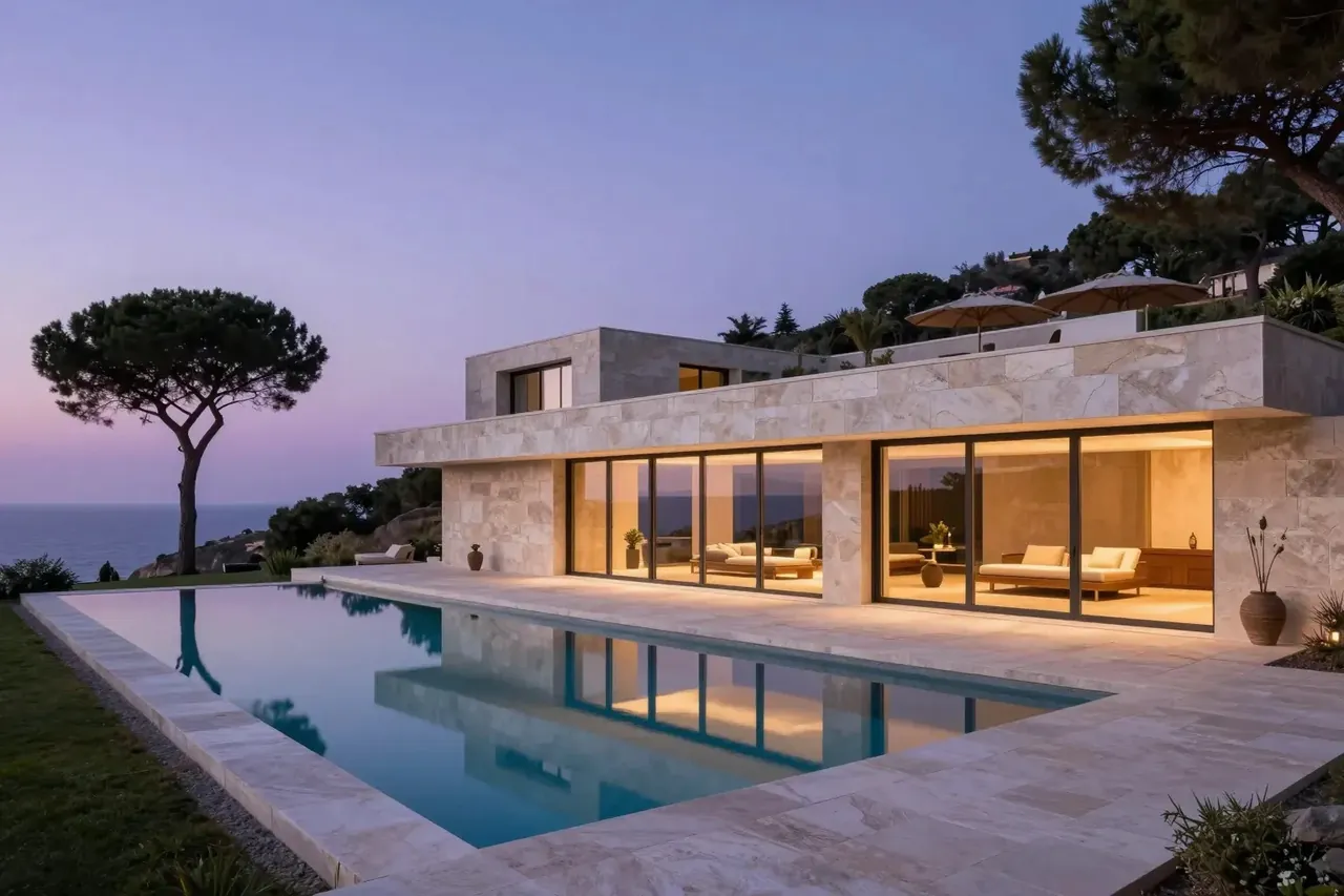 A contemporary villa with a long pool and umbrella pines at dusk