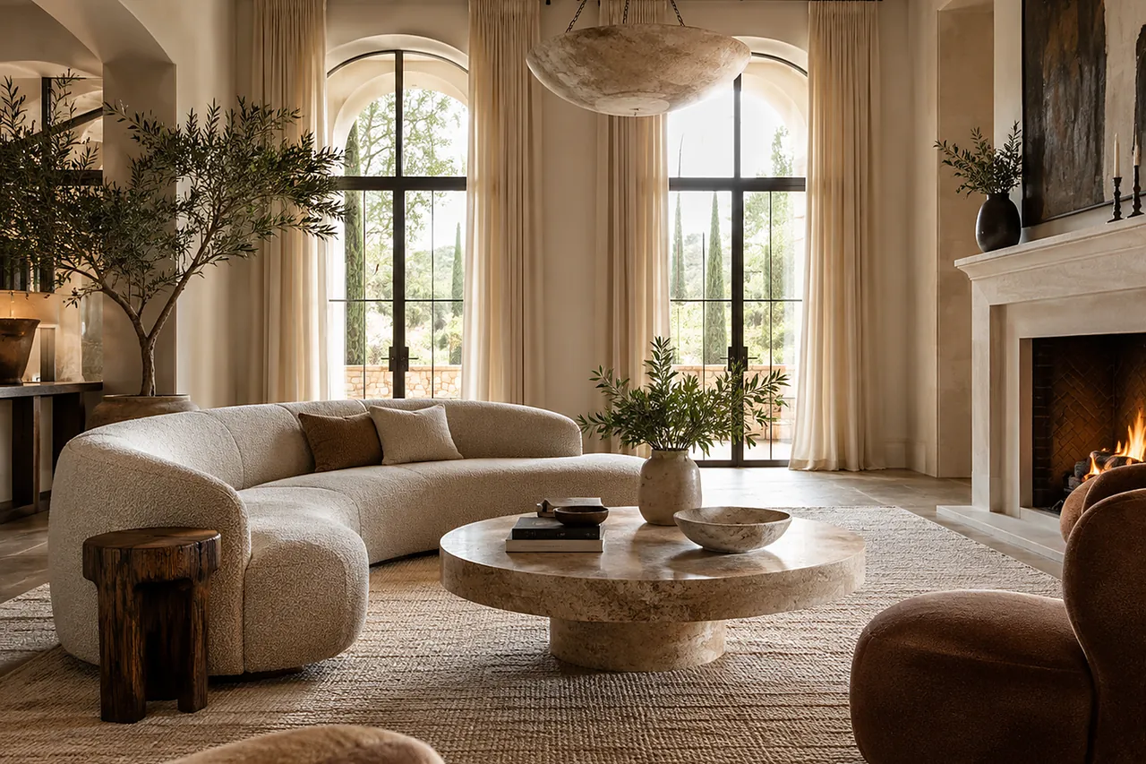 A living room with a curved boucle sofa, a stone table, an olive tree and a fire beside arched windows