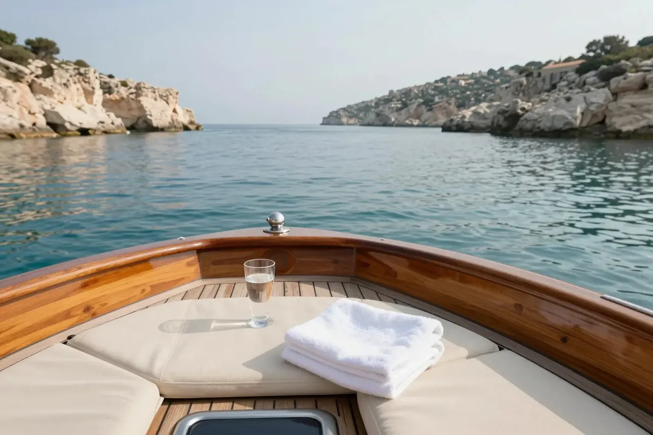 The bow of a yacht with folded towels, approaching a rocky Mediterranean coast in the morning
