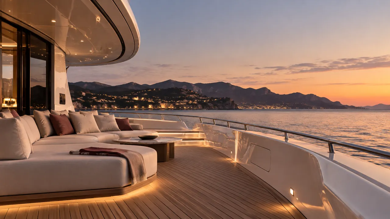 The aft deck of a yacht with ivory sofas and oxblood cushions at dusk, a lit coastline behind